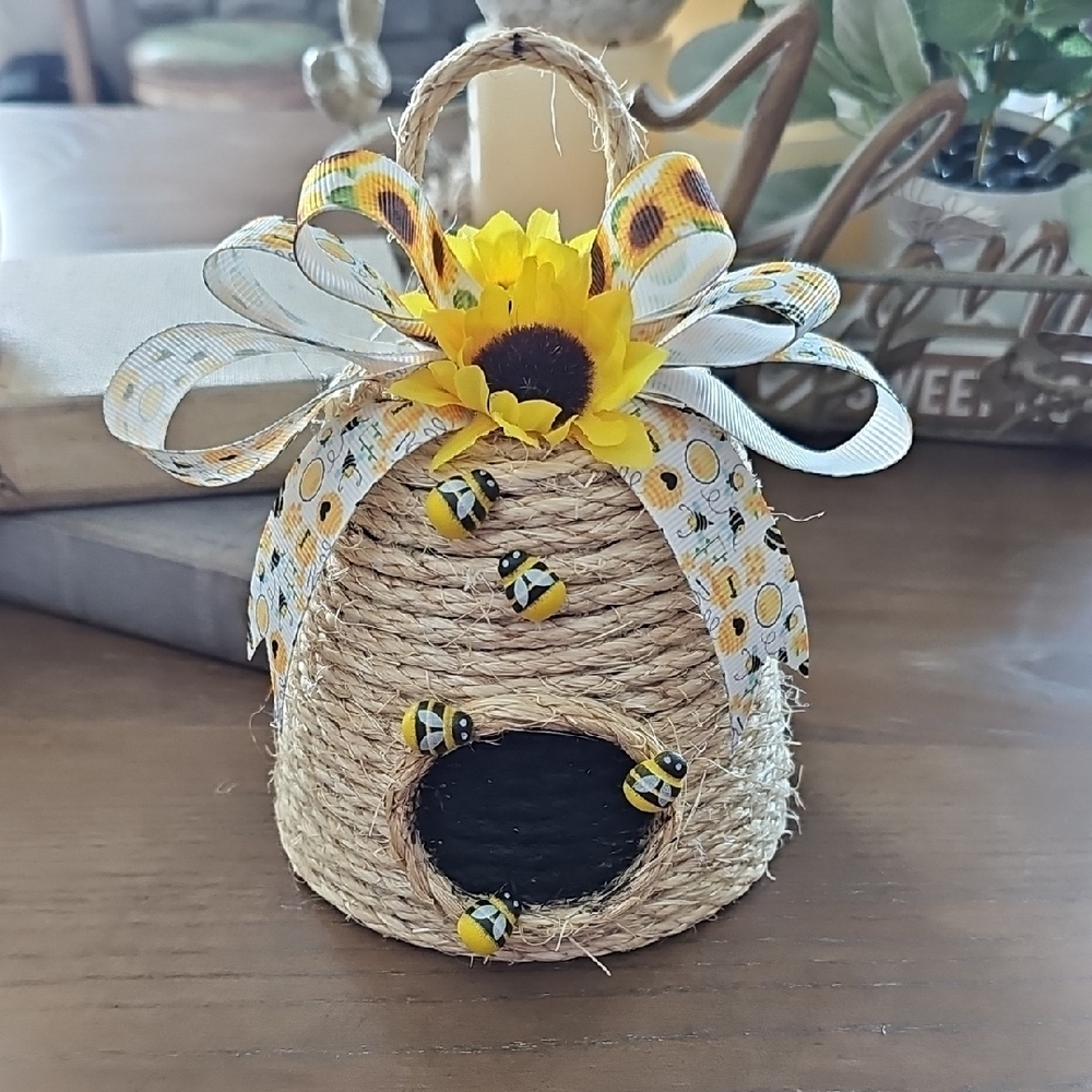 Hand Crafted Yellow and Black Beehive Decor Accent
